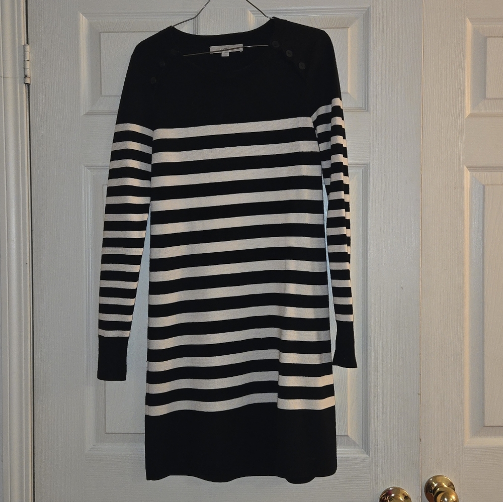 LOFT Black and White Striped Long Sleeve Dress